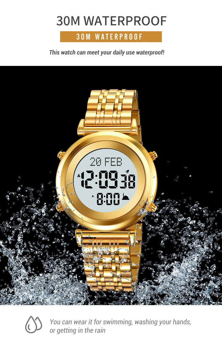 SKMEI 2139 Digital Watch Steel Muslim Azan Mens Back Light Waterproof Hijri Islamic Wristwatch Prayer Qibla Compass Alarm Clock
