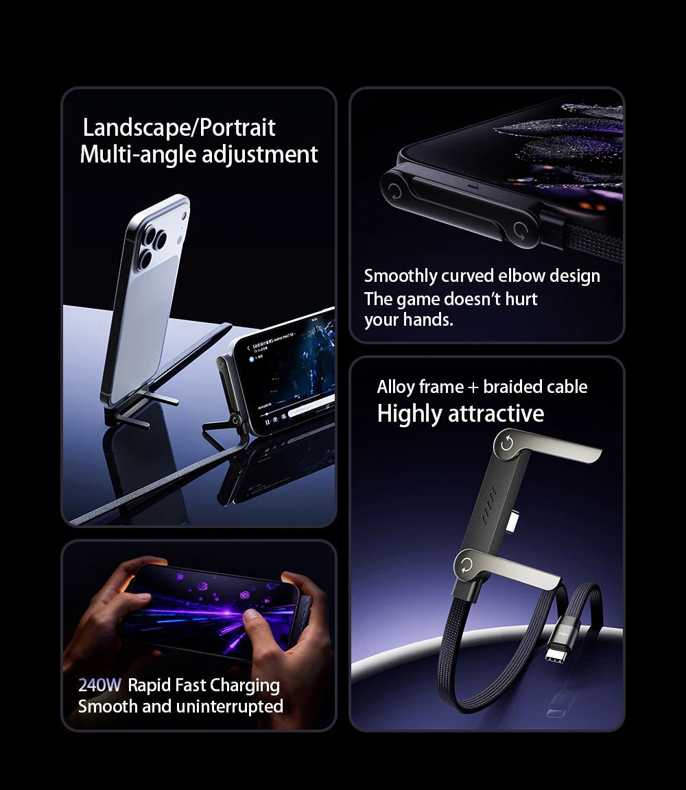 240W 2-in-1 Type C to USB C Fast Charging Data Cable Foldable Phone Holder Type C Fast Charging cabo For iPhone 17 Black/Orange