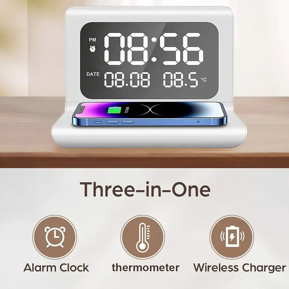 Wireless Charger Pad Stand with Alarm Clock And Thermometer Fast Charging Station for iPhone 17/16/15/14/13/12/11