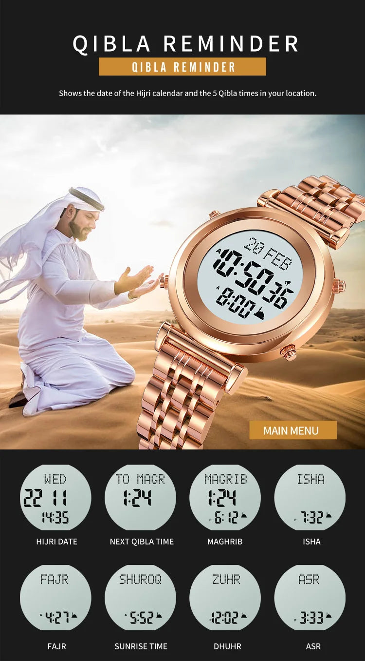 SKMEI 2139 Digital Watch Steel Muslim Azan Mens Back Light Waterproof Hijri Islamic Wristwatch Prayer Qibla Compass Alarm Clock