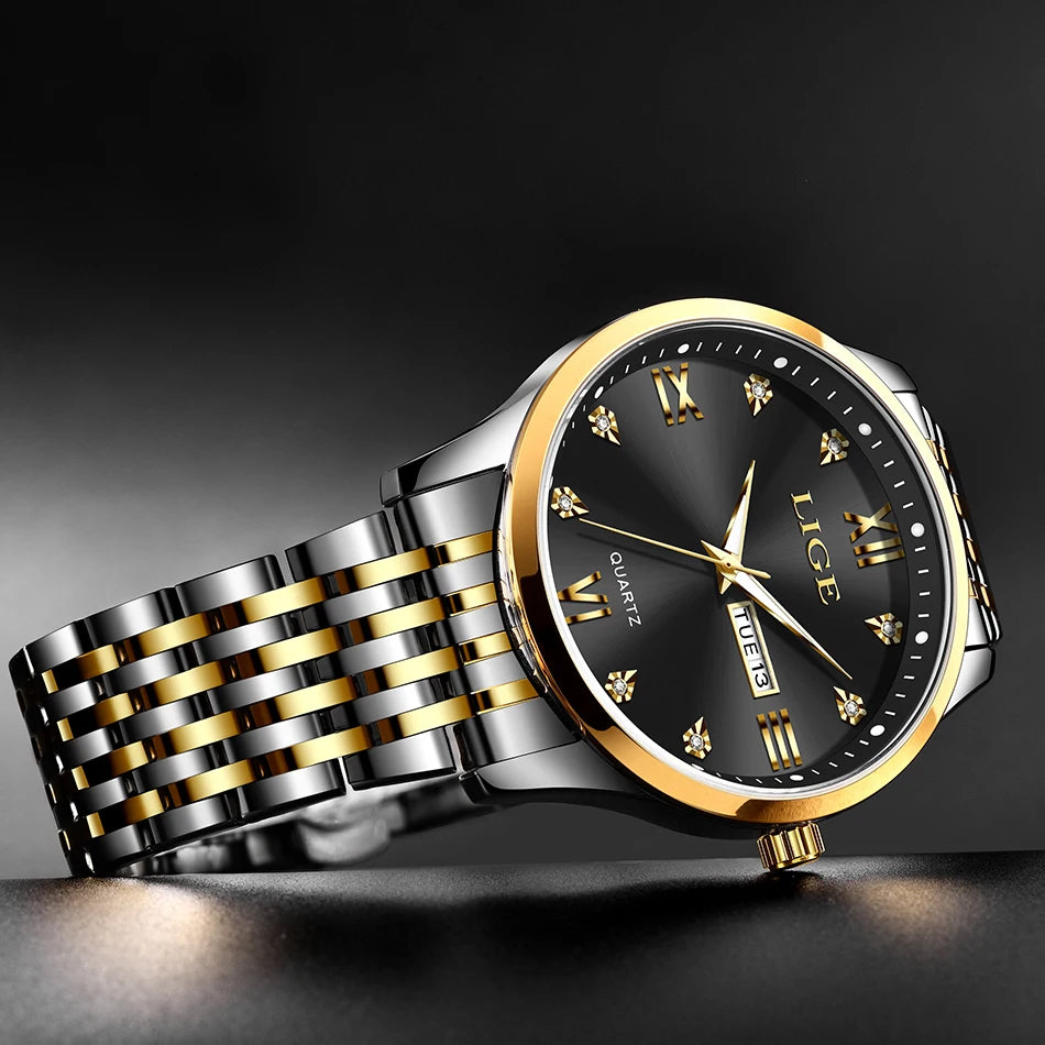 LIGE Fashion Retro Diamond Dial Casual Watches Round Stainless Steel Waterproof Luminous Clock Quartz Wristwatch for Women Gift