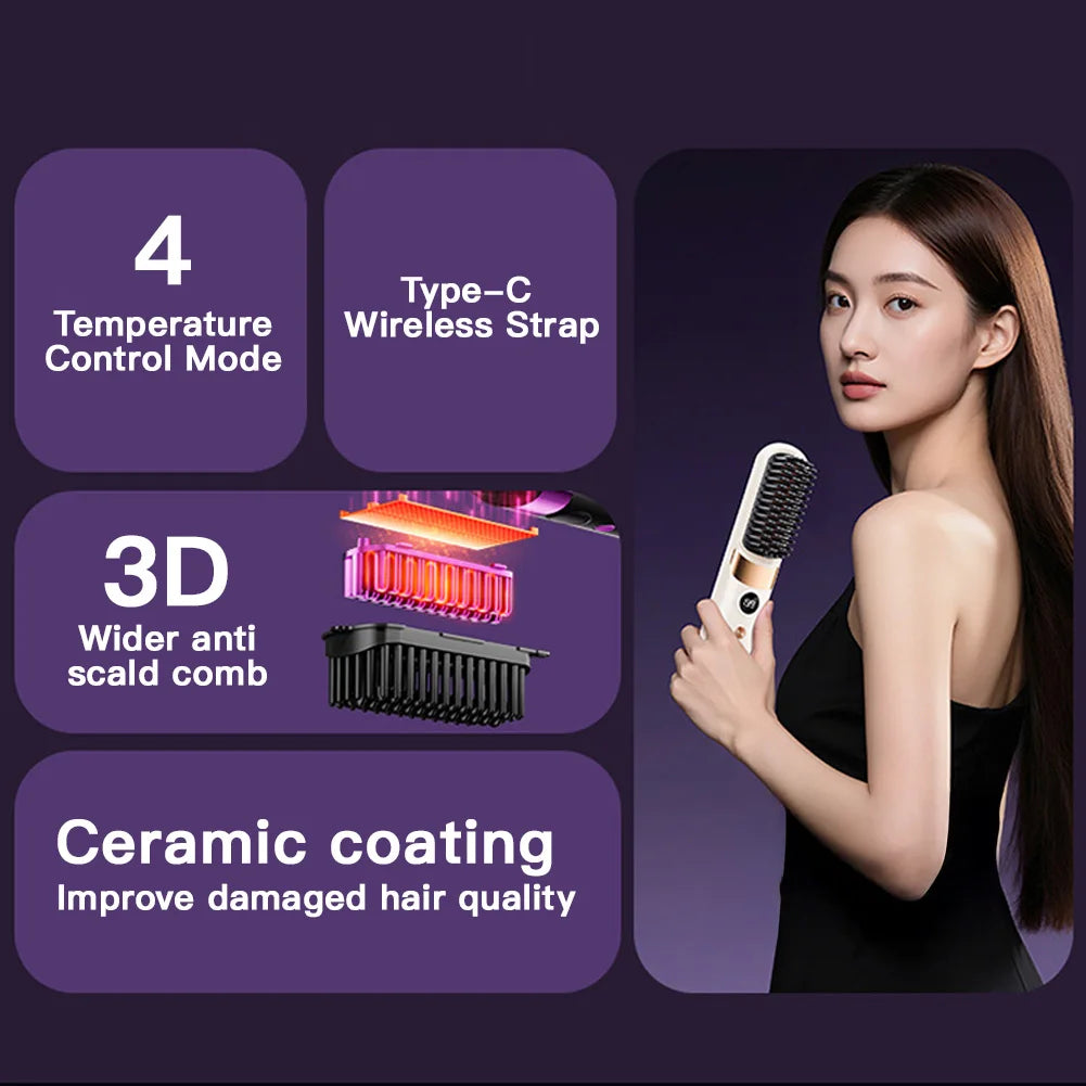 Hair Straightener Brush with LCD Display Cordless USB Charging Straightener Portable Mini Straightening Brush for Home Travel