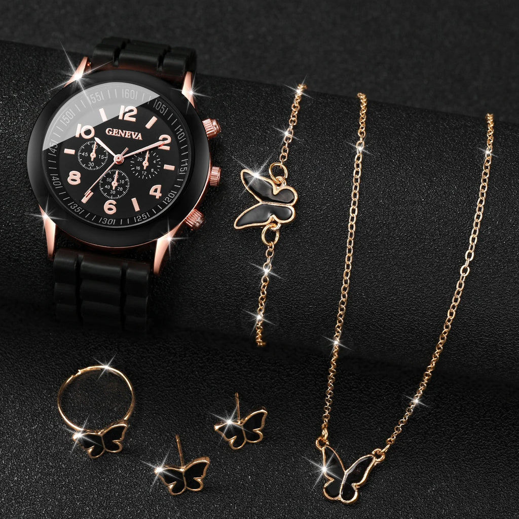 5/6PCS Women Watches Fashion Arabic Dial Silicone Band Quartz Watch Reloj Mujer Girls Clock Gift Jewelry Set（Without Box）