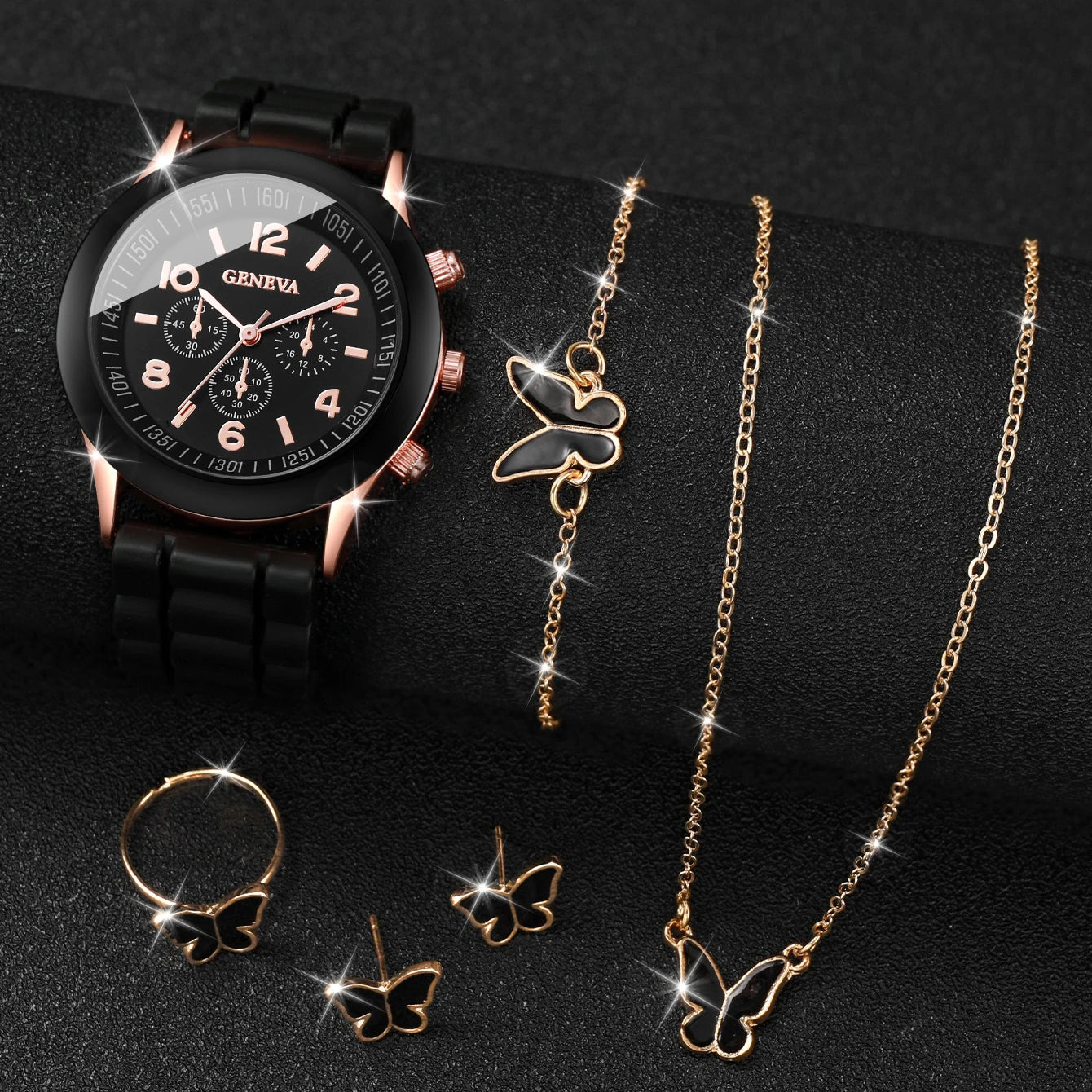 5/6PCS Women Watches Fashion Arabic Dial Silicone Band Quartz Watch Reloj Mujer Girls Clock Gift Jewelry Set（Without Box）