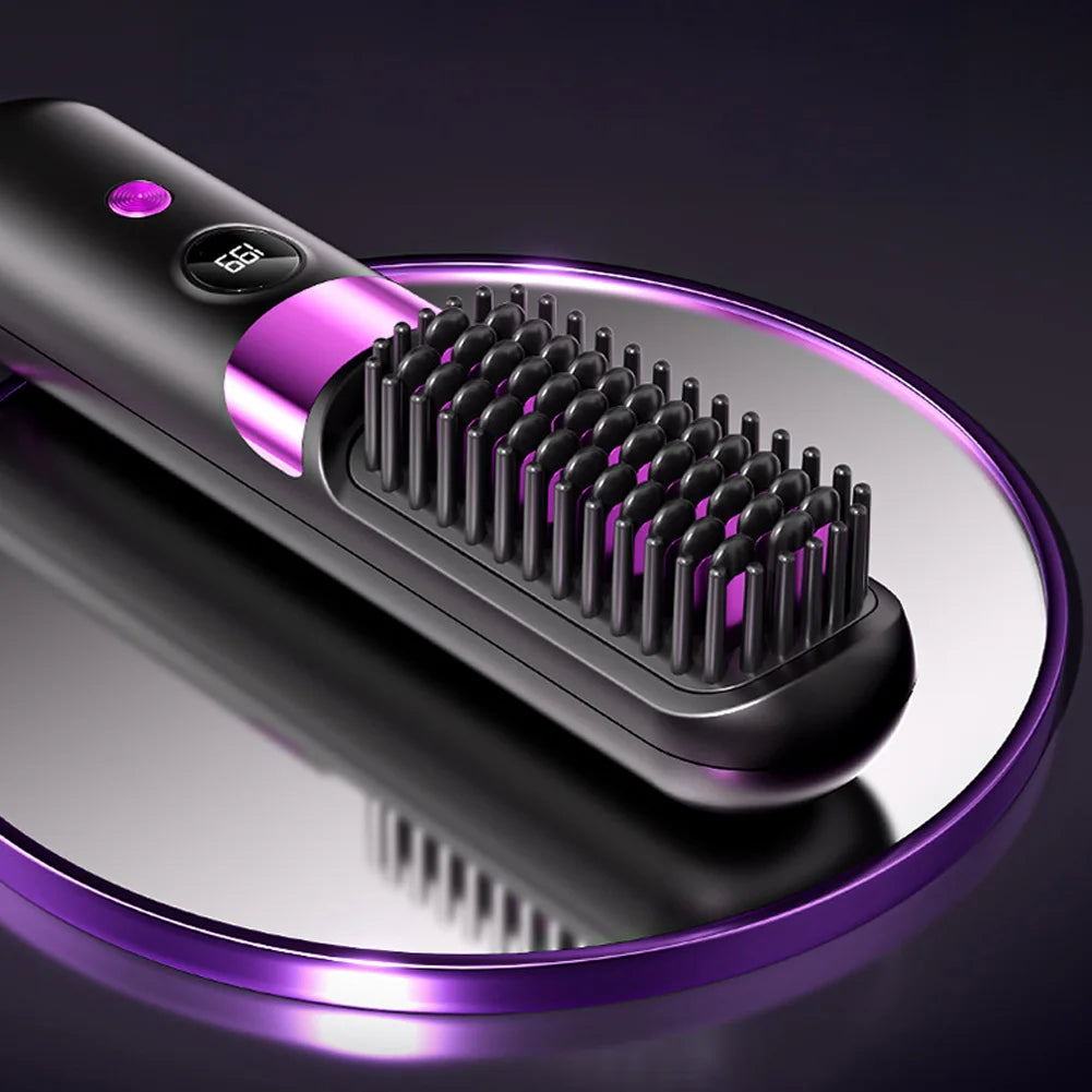 Hair Straightener Brush with LCD Display Cordless USB Charging Straightener Portable Mini Straightening Brush for Home Travel