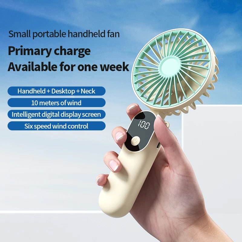 Portable Handheld Fan Mini USB Fan With 6 Speeds and Digital Display Foldable 3-in-1 Handheld Neck and Desktop Fan For Outdoor