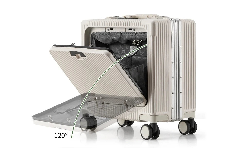 Suitcase Front Opening Pocket Aluminum Alloy Frame Rolling Luggage 18" Carry On Boarding Travel Trolley Bags with Spinner Wheel