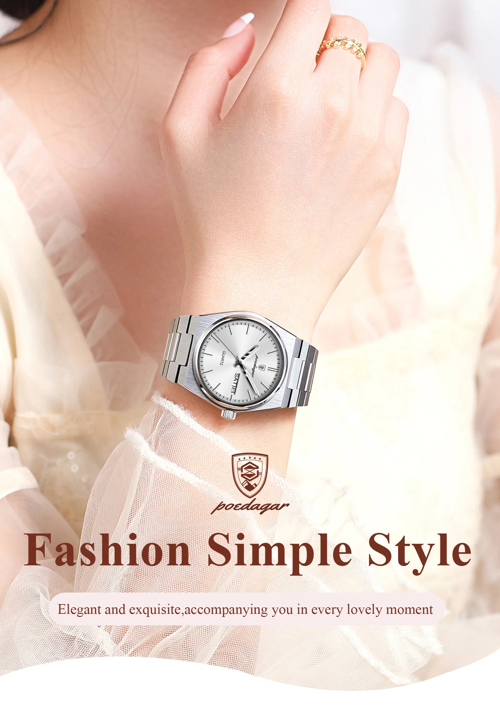 POEDAGAR Exquisite Watches For Women Waterproof Luminous Date Week Ladies Watch Stainless Steel Luxury Woman's Quartz Wristwatch