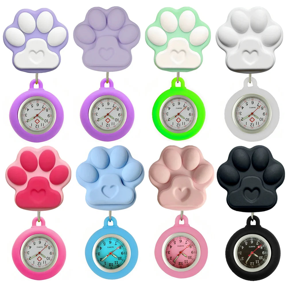 Colourful Retractable Badge Reel Nurse Doctor Lovely Cat Claw Footprints Pocket Watches medical hospital Gift Watch for women