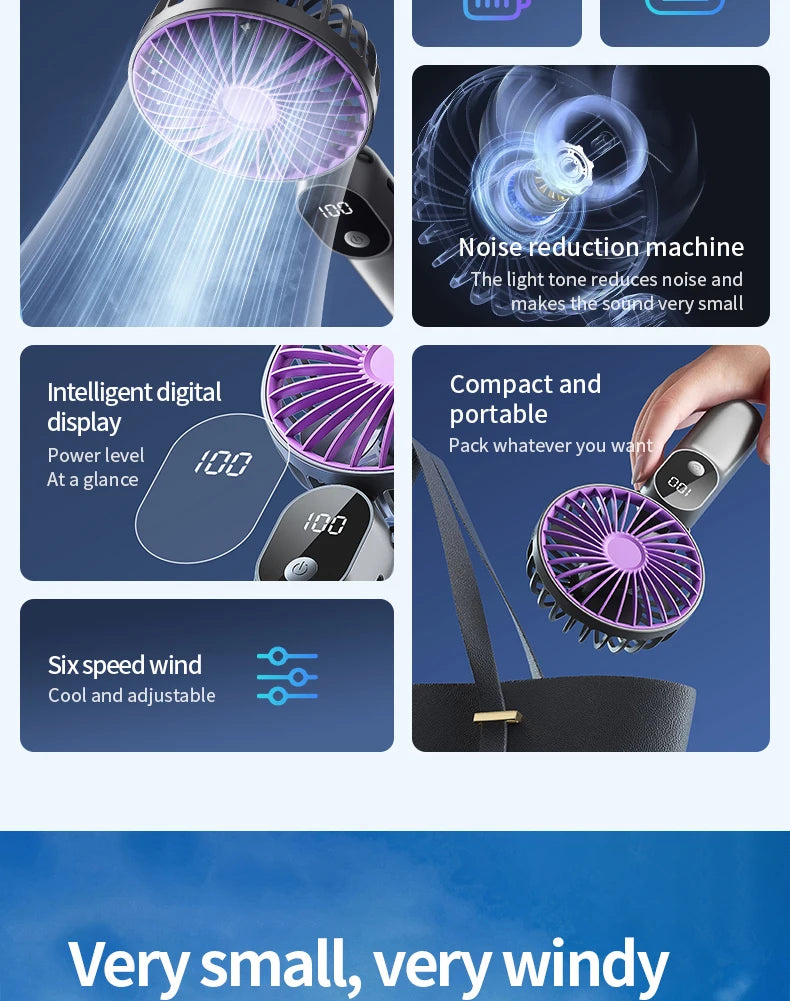 Portable Handheld Fan Mini USB Fan With 6 Speeds and Digital Display Foldable 3-in-1 Handheld Neck and Desktop Fan For Outdoor