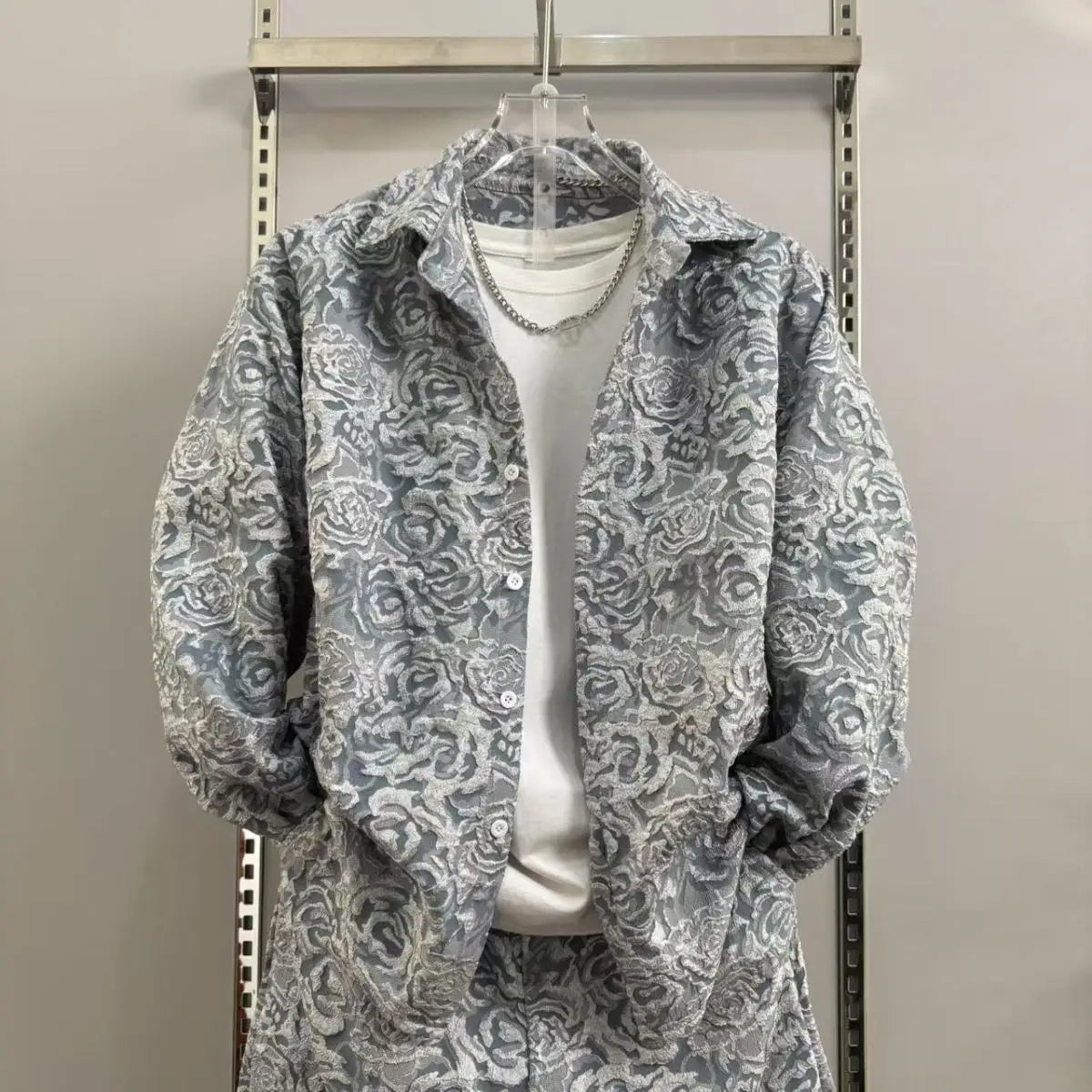 2025 New Men's casual fashion two-piece pants set, sporty lapel jacquard shirt, long-sleeved spring and autumn set