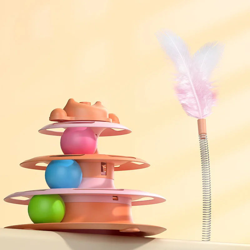 Interactive Cat Turntable Toy Feather Wand Rolling Ball Self Play Kitten Boredom Relief Indoor Pet Playing Accessory