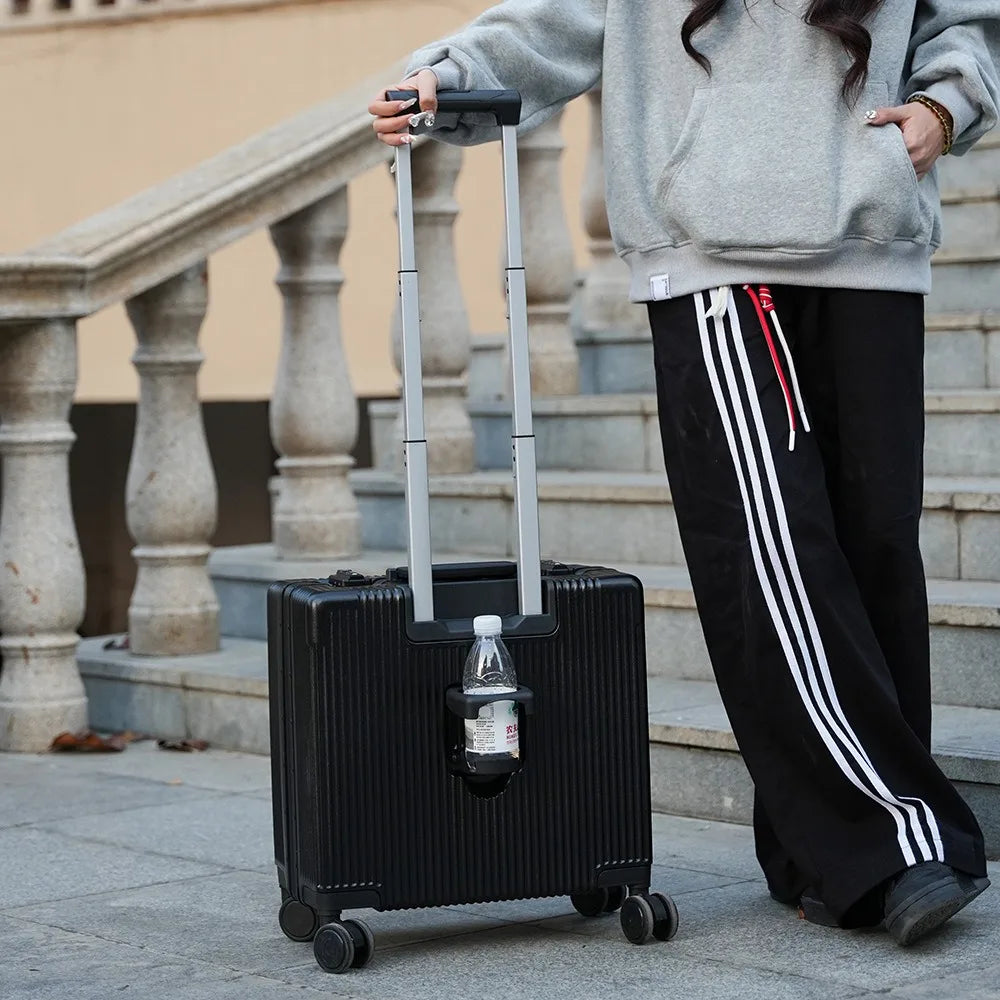 Suitcase Front Opening Pocket Aluminum Alloy Frame Rolling Luggage 18" Carry On Boarding Travel Trolley Bags with Spinner Wheel