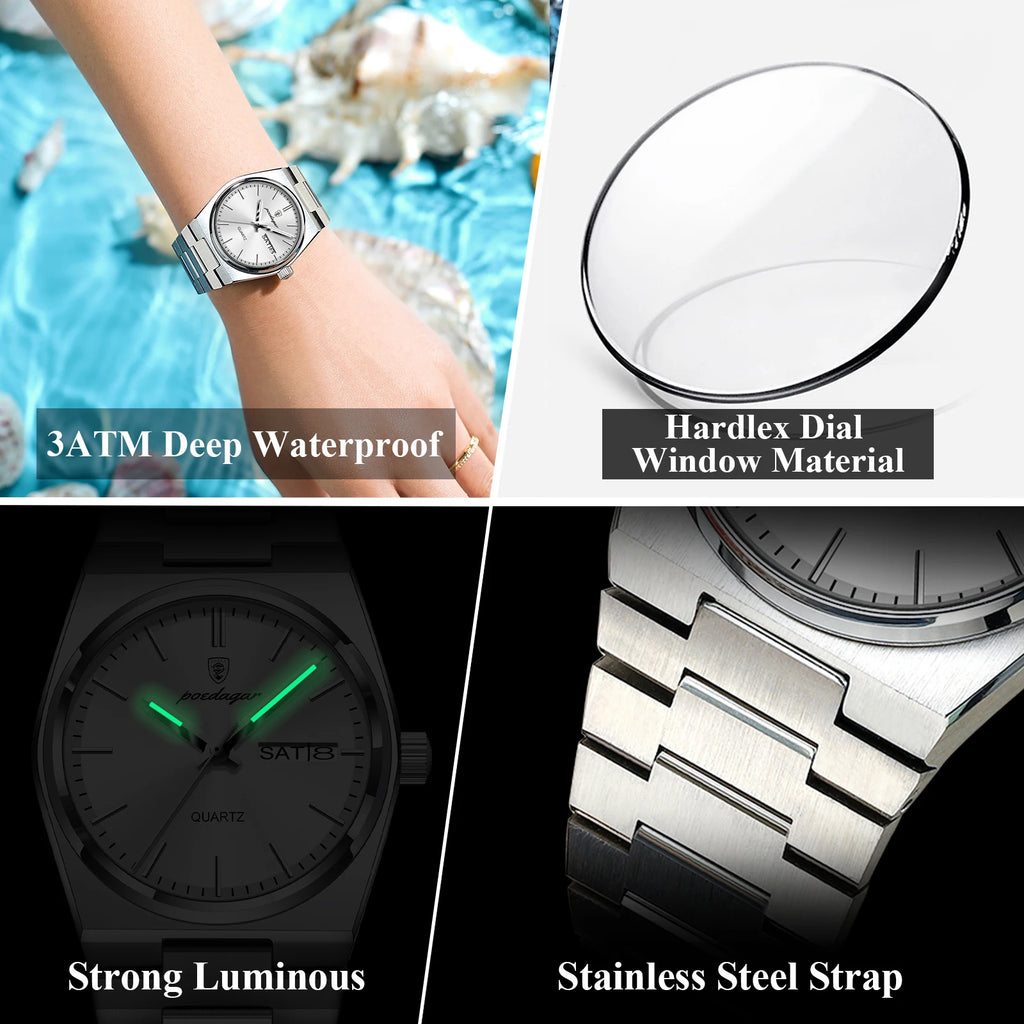 POEDAGAR Exquisite Watches For Women Waterproof Luminous Date Week Ladies Watch Stainless Steel Luxury Woman's Quartz Wristwatch
