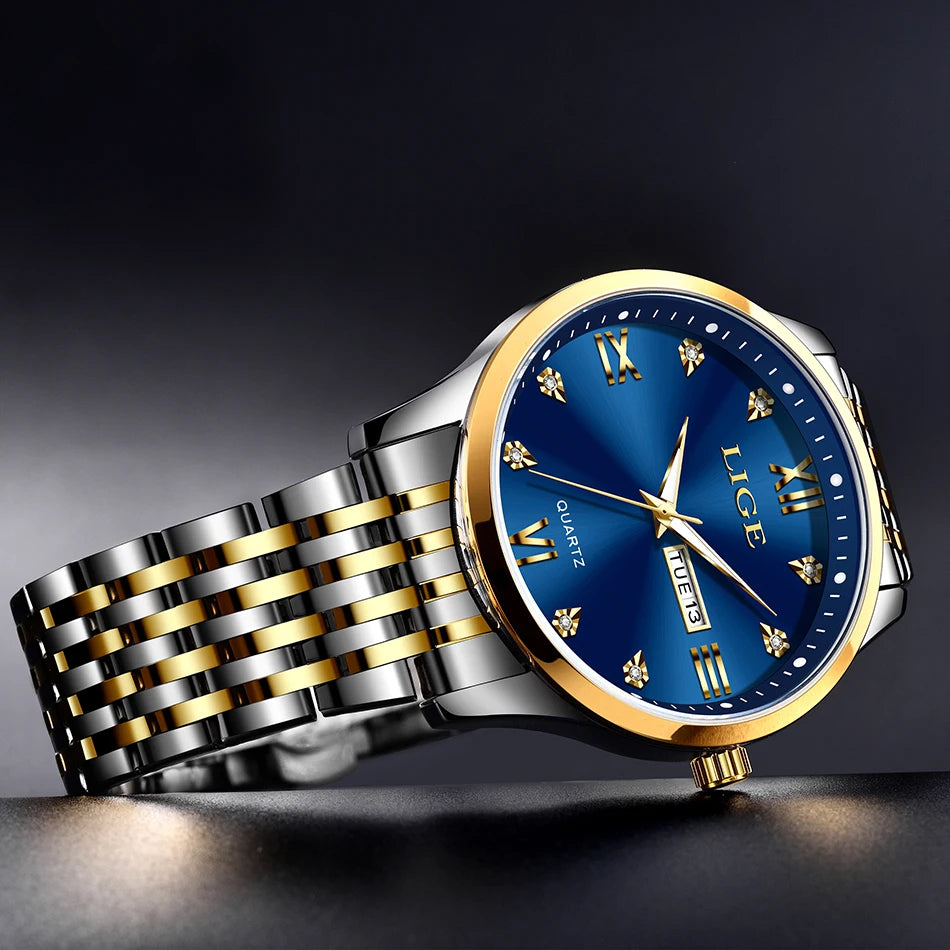 LIGE Fashion Retro Diamond Dial Casual Watches Round Stainless Steel Waterproof Luminous Clock Quartz Wristwatch for Women Gift