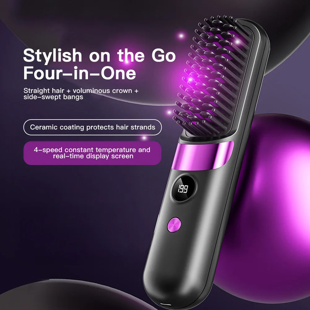 Hair Straightener Brush with LCD Display Cordless USB Charging Straightener Portable Mini Straightening Brush for Home Travel