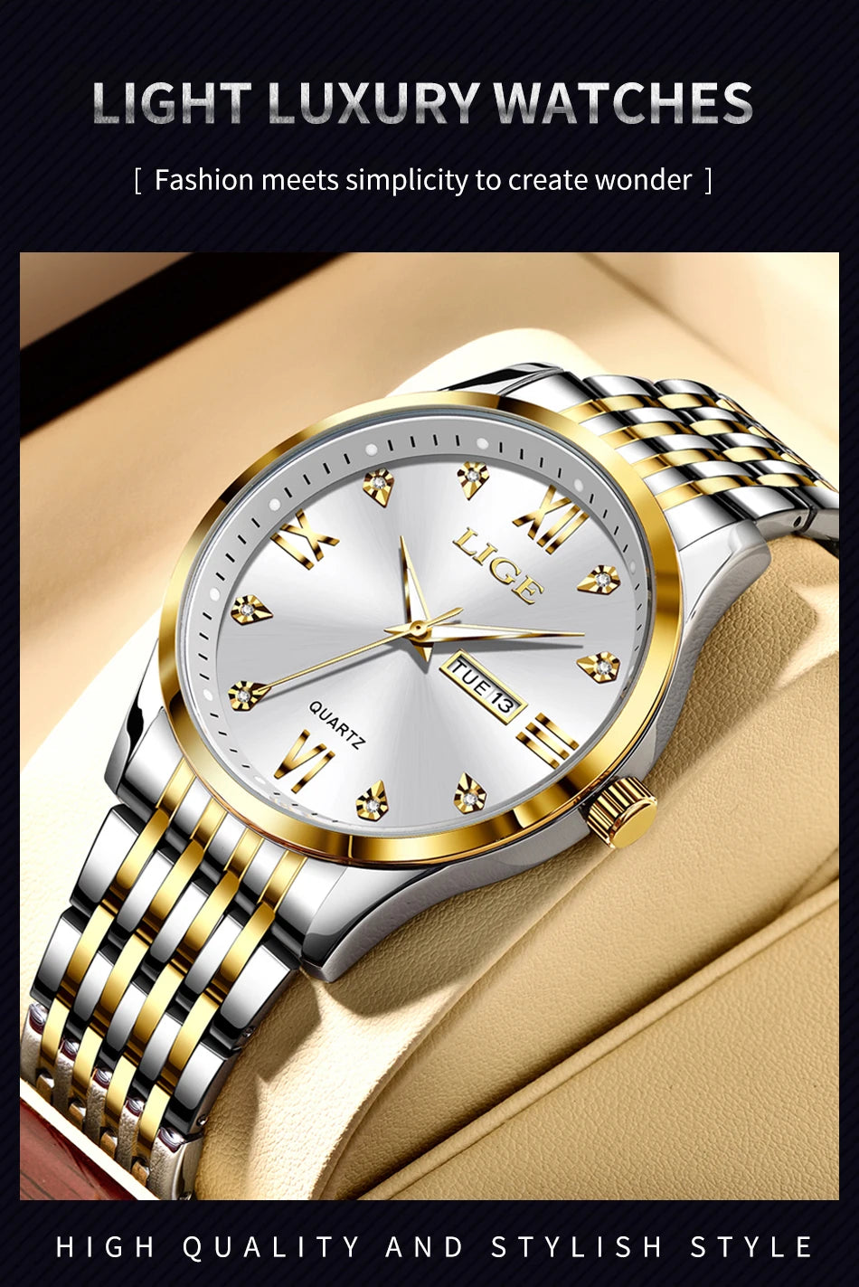 LIGE Fashion Retro Diamond Dial Casual Watches Round Stainless Steel Waterproof Luminous Clock Quartz Wristwatch for Women Gift