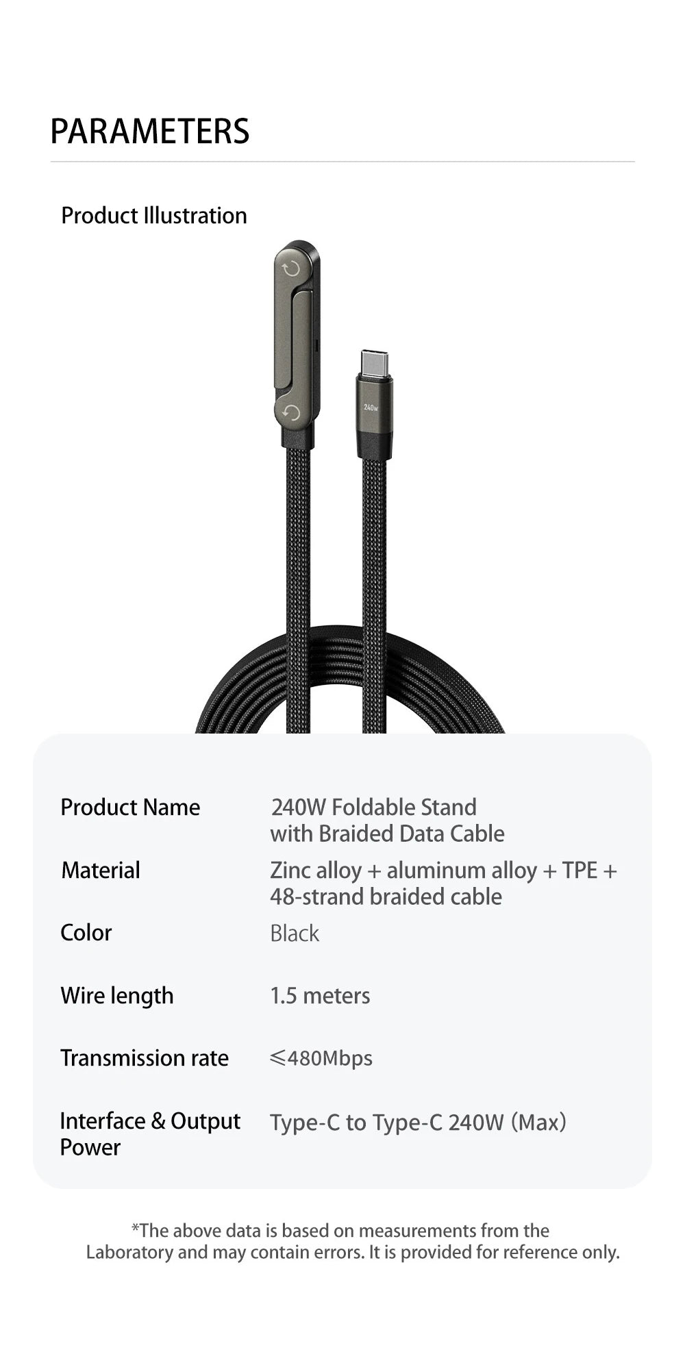 240W 2-in-1 Type C to USB C Fast Charging Data Cable Foldable Phone Holder Type C Fast Charging cabo For iPhone 17 Black/Orange
