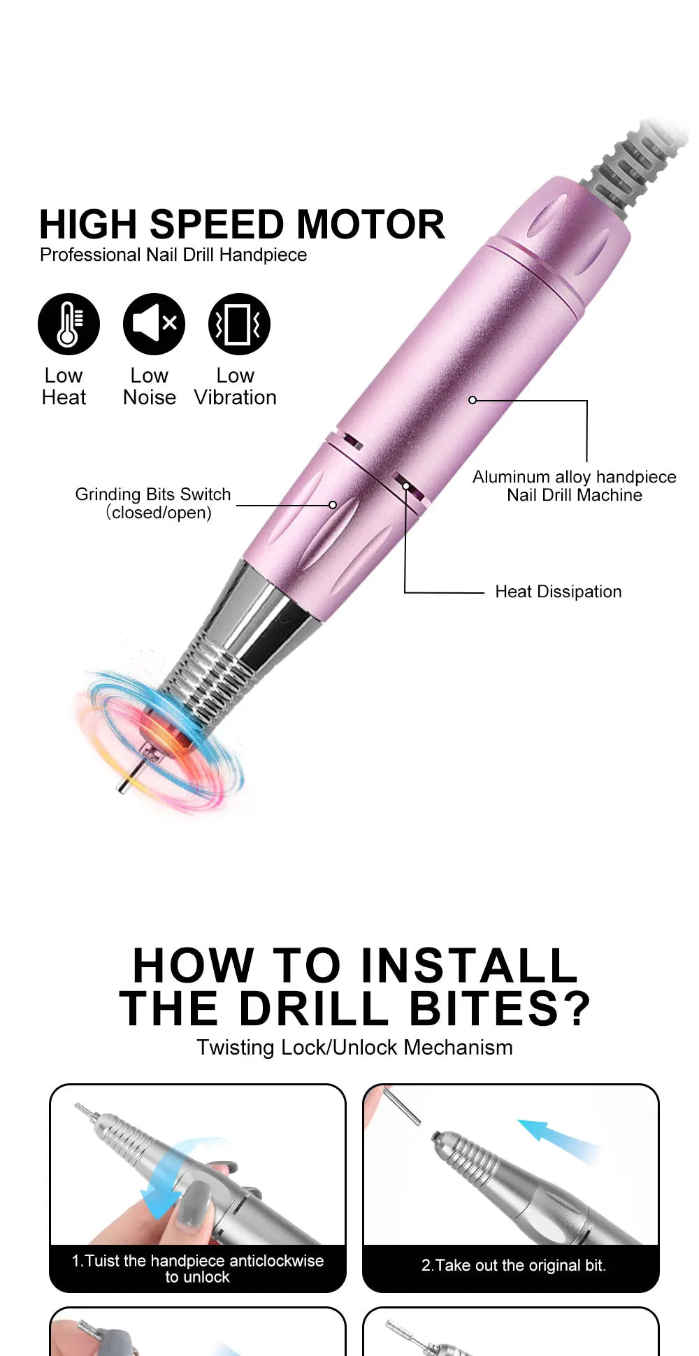Electric DC Nail Drill Pen Handle File Polish Grind Machine Handpiece Manicure Pedicure Tool Nail Professional Drill Accessories