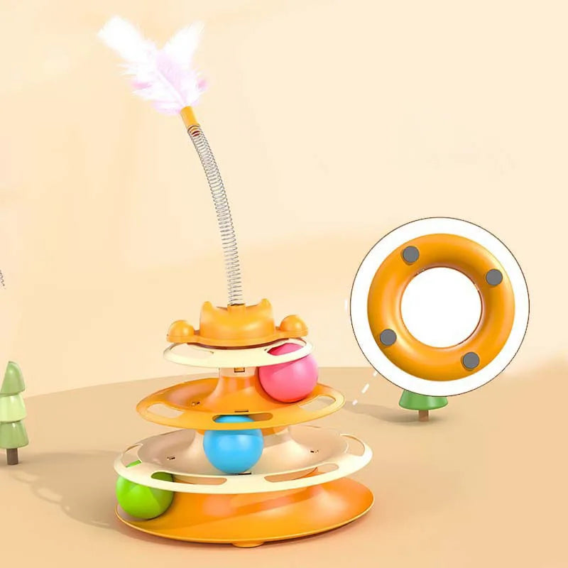Interactive Cat Turntable Toy Feather Wand Rolling Ball Self Play Kitten Boredom Relief Indoor Pet Playing Accessory