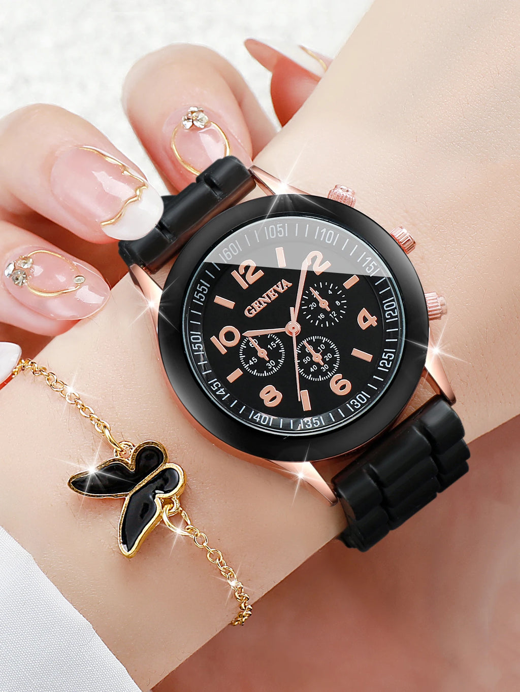 5/6PCS Women Watches Fashion Arabic Dial Silicone Band Quartz Watch Reloj Mujer Girls Clock Gift Jewelry Set（Without Box）