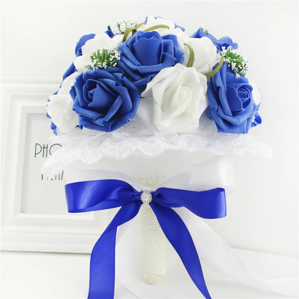 YO CHO Royal Blue Color Wedding Bridal Bouquet Artificial Flowers Blue Wedding Bouquet for Bridesmaids