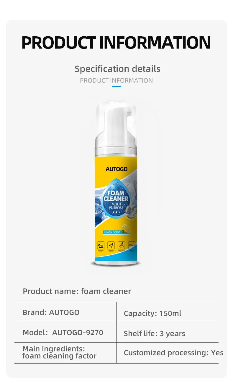 150ml Multipurpose Foam Cleaner Spray No Rinse Car Interior Leather Seat Cleaner Household Stain Remover for Shoes Sofa Kitchen