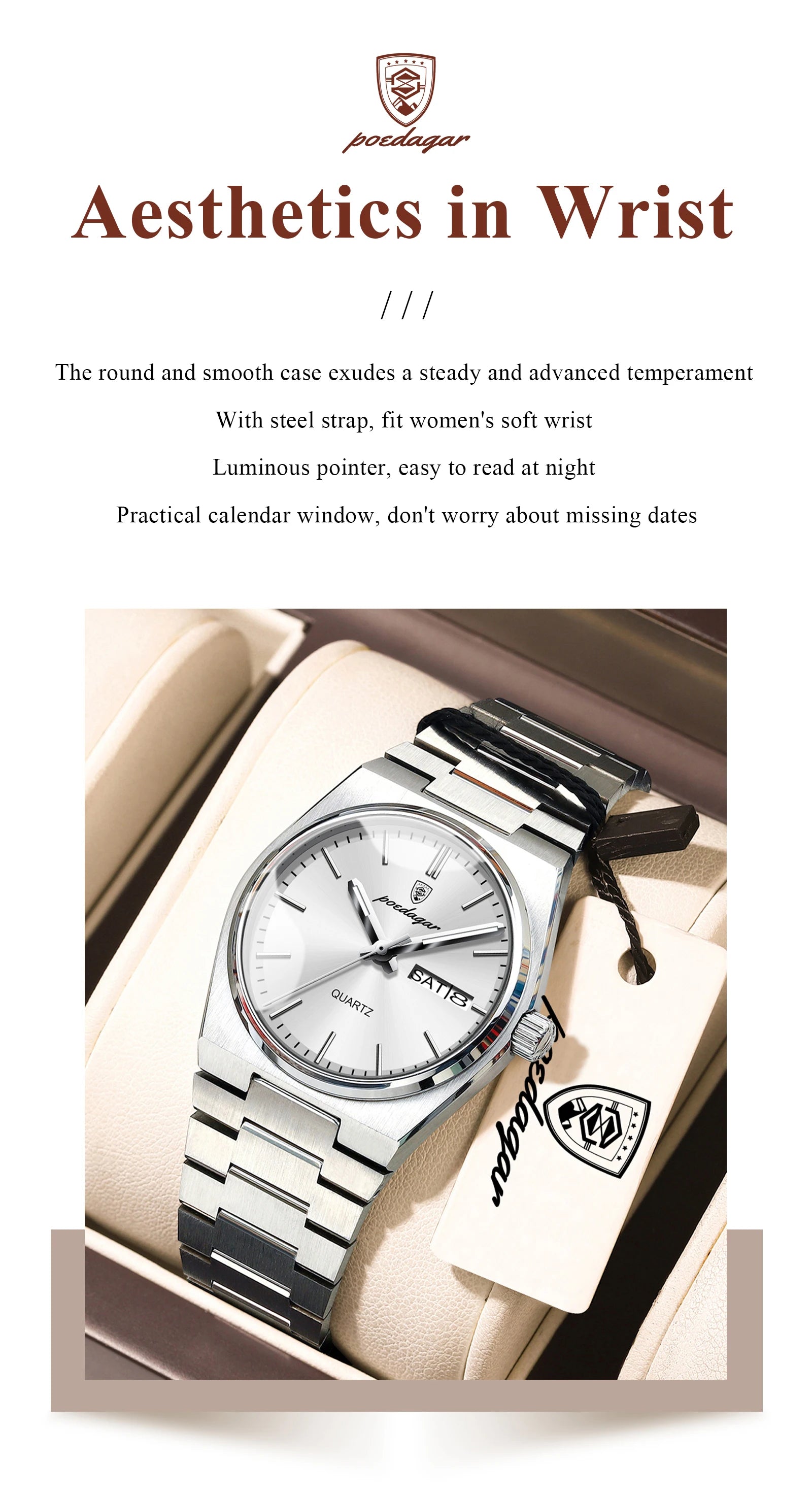 POEDAGAR Exquisite Watches For Women Waterproof Luminous Date Week Ladies Watch Stainless Steel Luxury Woman's Quartz Wristwatch