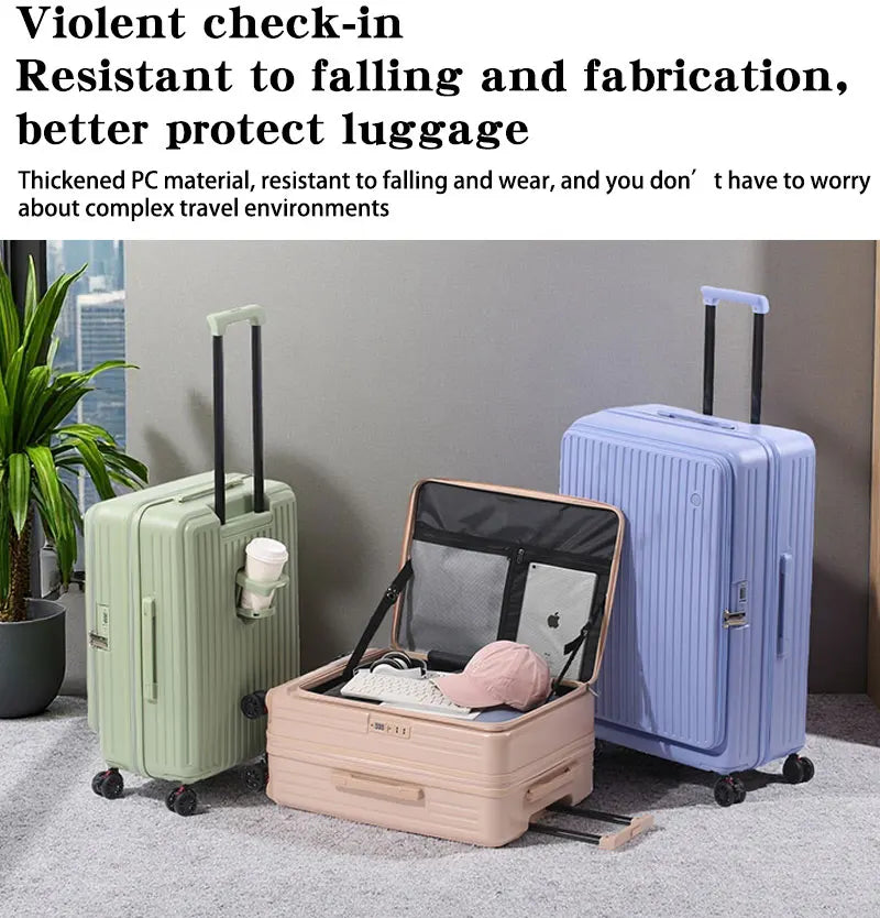 Multifunctional Front Opening Expandable Suitcase with Cup Holder Large Capacity Luggage 360° Shock Absorbing Wheels 20' 24' 28'
