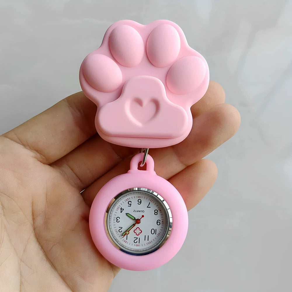 Colourful Retractable Badge Reel Nurse Doctor Lovely Cat Claw Footprints Pocket Watches medical hospital Gift Watch for women
