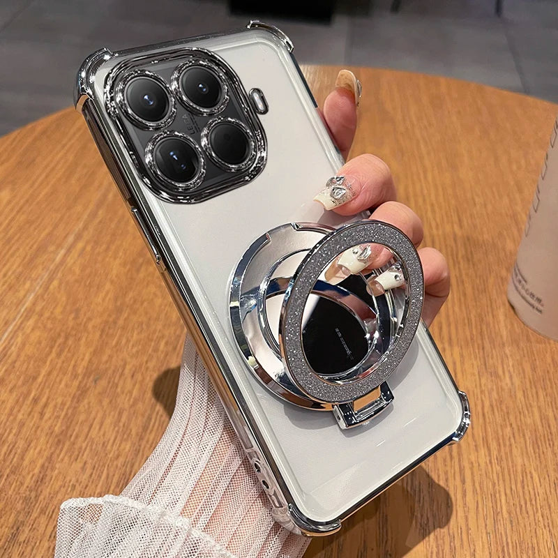 For Xiaomi 15T Pro 17T Pro Glitter Mirror Magnetic Stand Holder Case For Xiaomi 17 Max Shockproof Soft Silicone Plating Cover