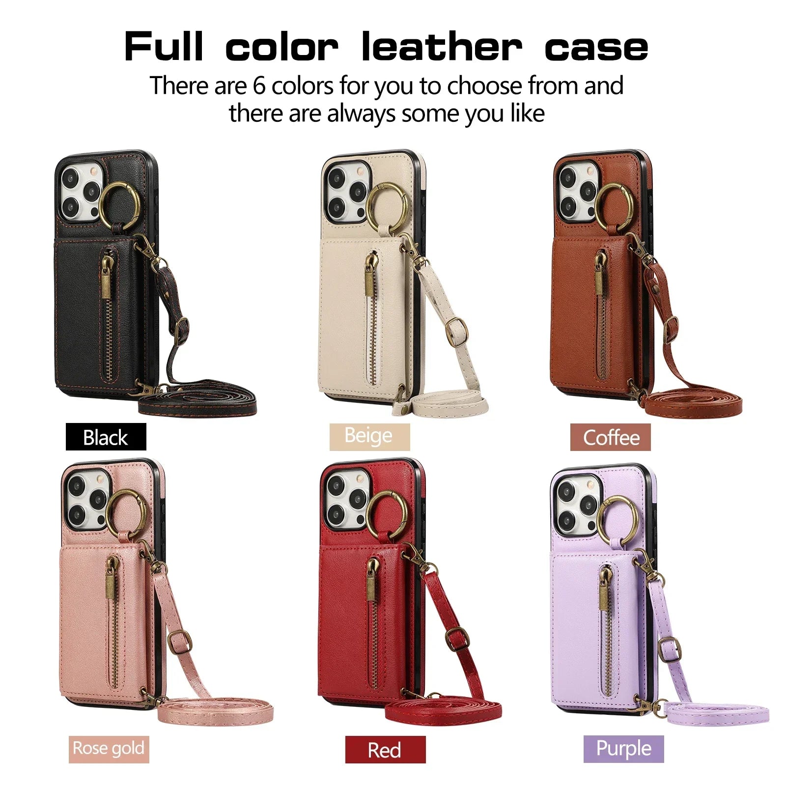 Crossbody Cards Solt Triple Wallet Leather Zipper Case For iPhone 15 16 Pro Max 14 Plus 13 12 11 XS XR SE2022 Ring Holder Cover
