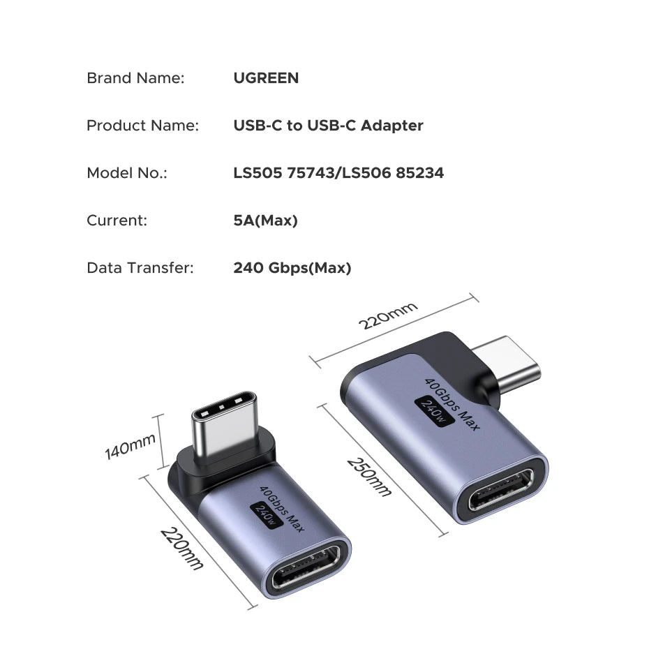 UGREEN USB-C Fmale to USB-C Male Adapter 2PCS Right Angle Support 240W Fast Charging & 40Gbps For Macbook Ipad Phone