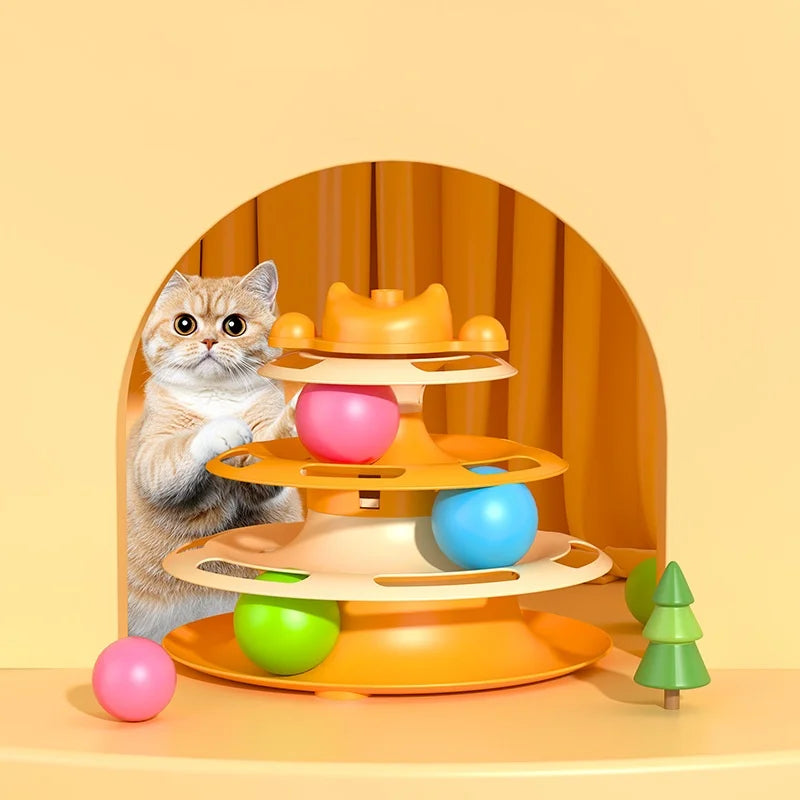 1pcs 4-Layer Cat Turntable With Fun Toy Ball And Playing Stick - Interactive Toy For Cats