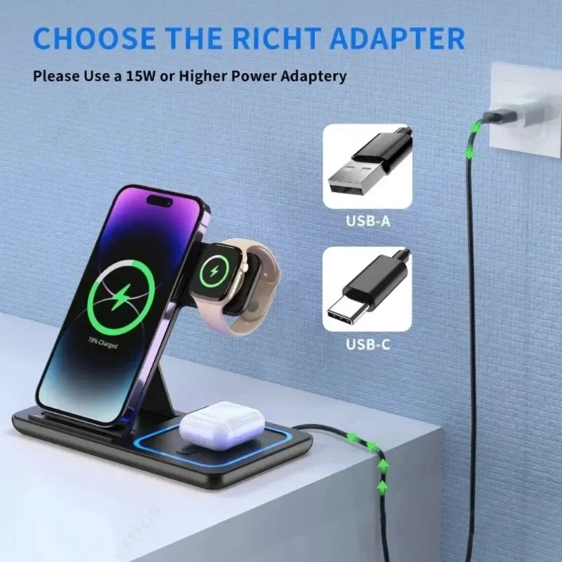 3 In 1 Foldable Wireless Charging Station for iPhone 12-17 Pro Max iWatch Ultra Airpods Pro Fast Charger Stand Dock