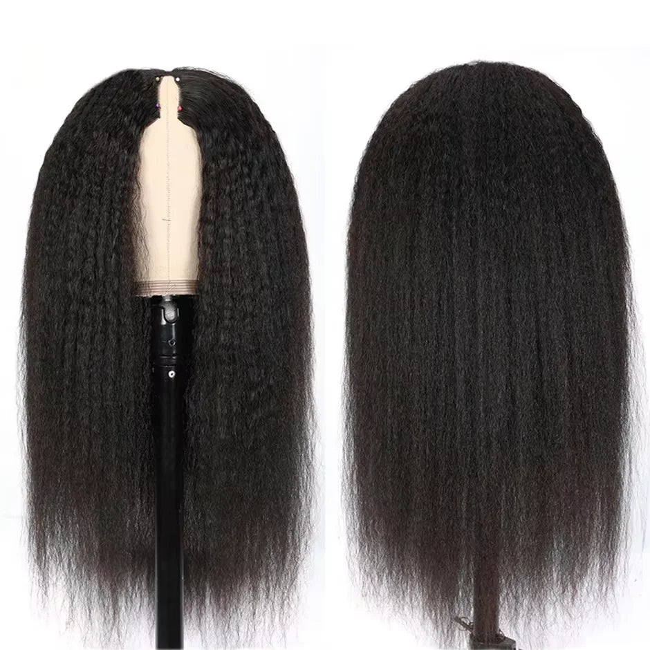 V Part Kinky Straight Wig Human Hair 220% Density 32 40 Inch V Shape Clip in Half Wigs No Leave Out No Sew In Wig Natural Color