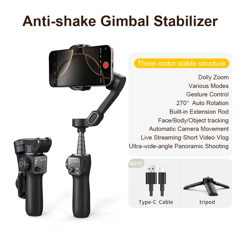 Smart handheld gimbal featuring AI face tracking and tripod combo."