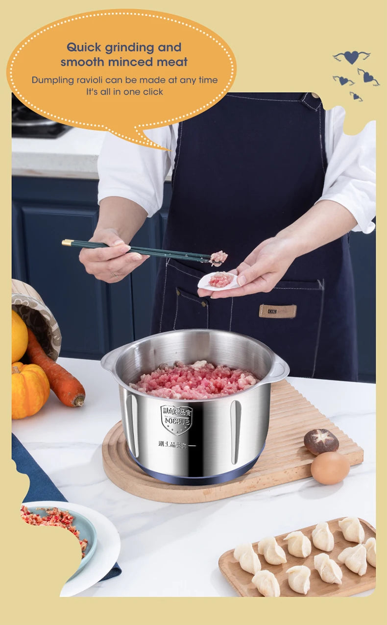 High-capacity electric food grinder for professional household cooking.