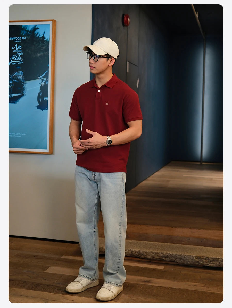 SIMWOOD 2026 Summer New Oversize Polo Shirts Men Breathable Comfortable Moisture-Wicking T-shirt Tops