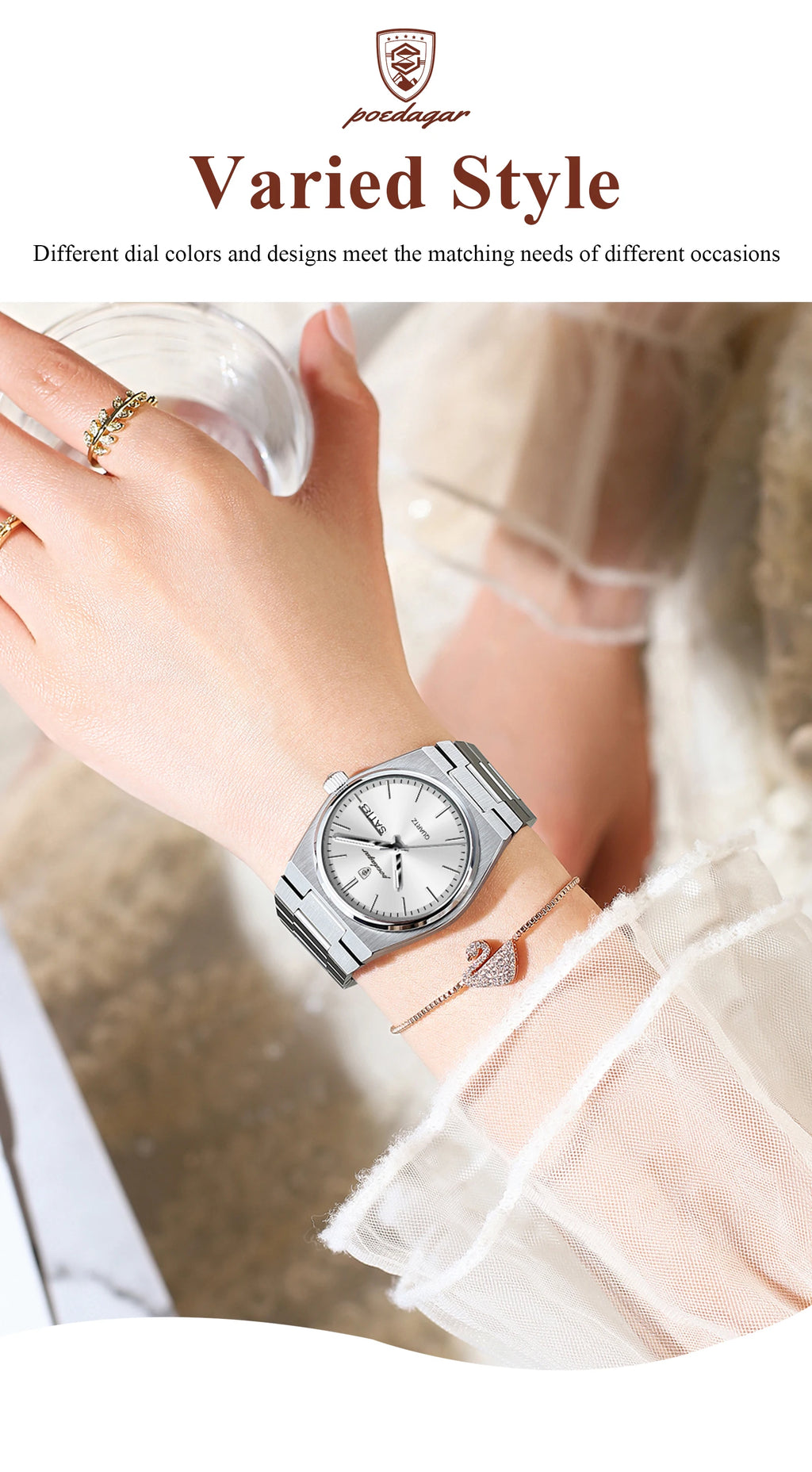 POEDAGAR Exquisite Watches For Women Waterproof Luminous Date Week Ladies Watch Stainless Steel Luxury Woman's Quartz Wristwatch
