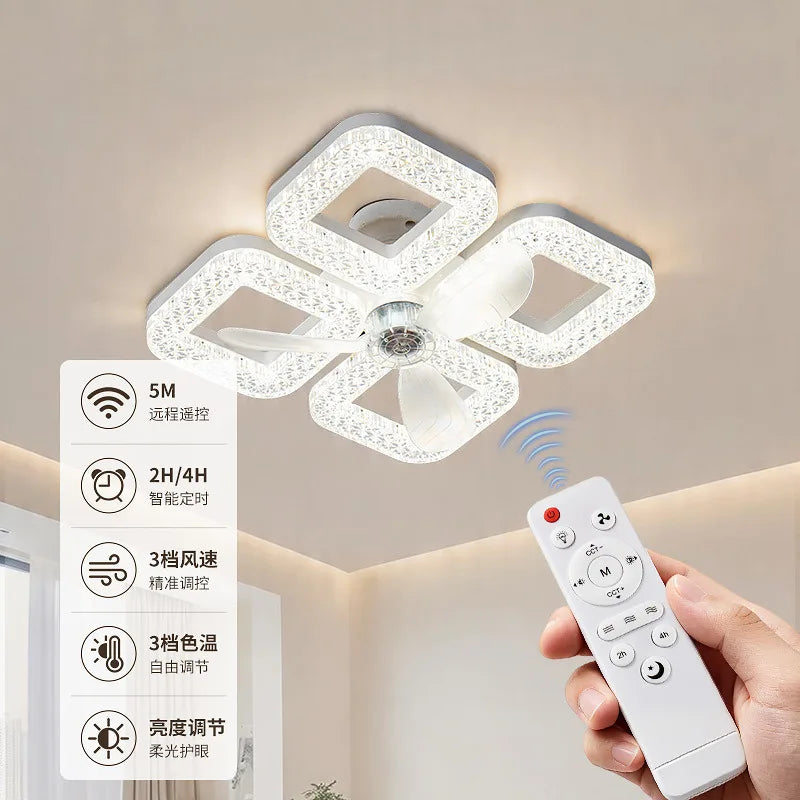 48W Ceiling Fan Light E27 Remote Control 4 heads Circular/Square Timer-controlled Converter Base Lighting Base Bedroom Living R