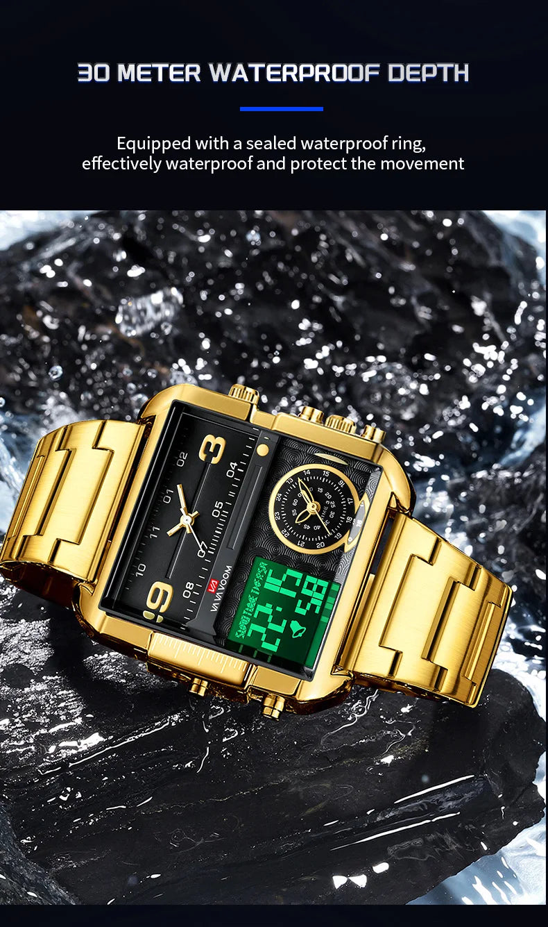Dual Display Men Sports Watches For Male Clock Gold Black Men Digital Wrist Watches Top Brand Luxury Chronograph Quartz Watch