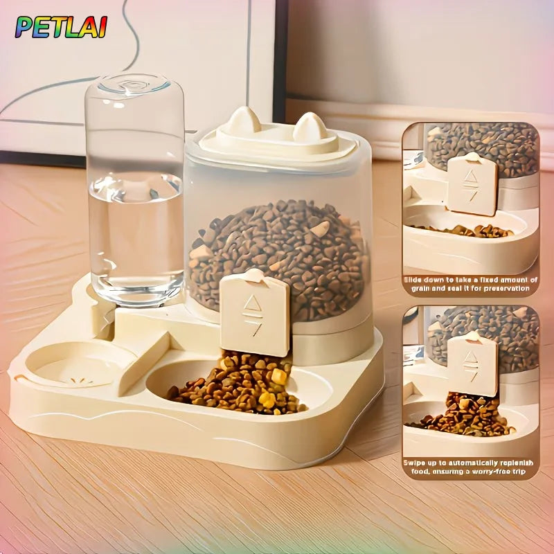 Pet drinking and feeding unit separates dry and wet food made of durable plastic with transparent design without battery for cat