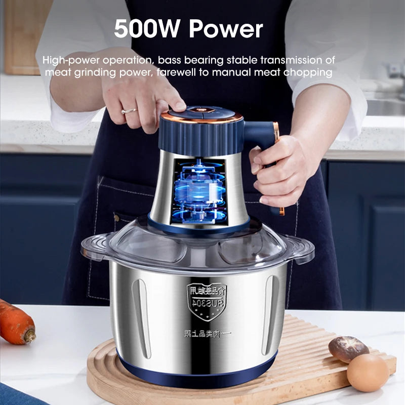 High-capacity electric food grinder for professional household cooking.