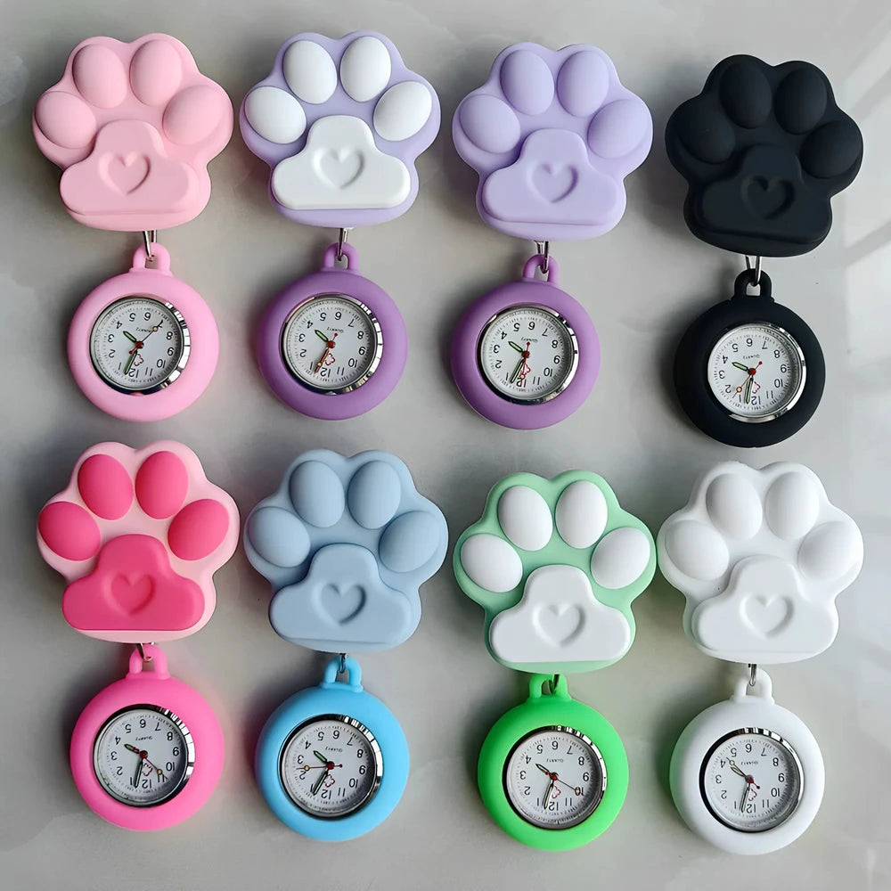 Colourful Retractable Badge Reel Nurse Doctor Lovely Cat Claw Footprints Pocket Watches medical hospital Gift Watch for women