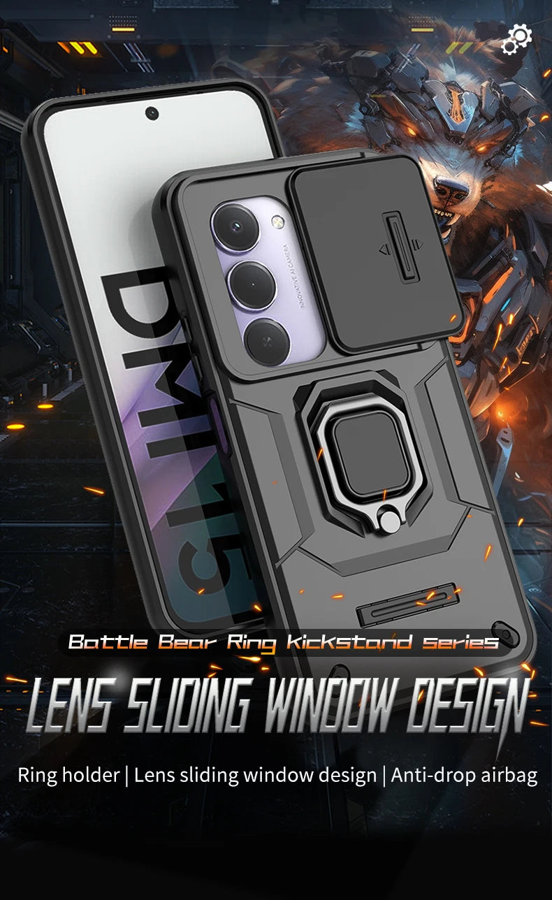 For Xiaomi Redmi 15 4G 171mm Case Slide Camera Protect Phone Case For Redmy 15 Redmi15 4G Magnetic Ring Holder Armor Back Cover