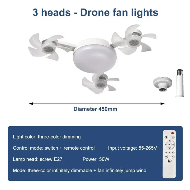 Remote Control Dimmable LED Fan Light E27 Ceiling Fan with Light 3Color Eye Protection Strobe Free Bedroom Kitchen Garage Office
