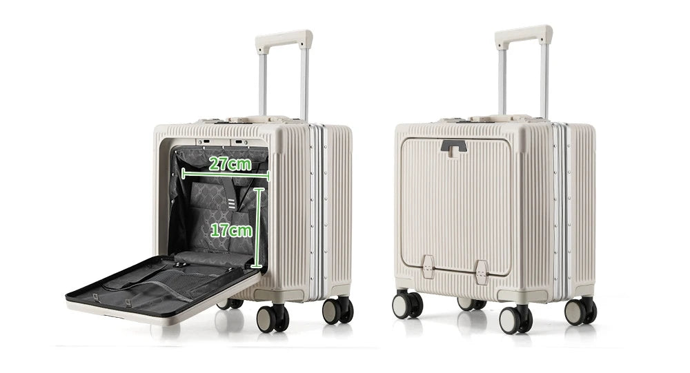 Suitcase Front Opening Pocket Aluminum Alloy Frame Rolling Luggage 18" Carry On Boarding Travel Trolley Bags with Spinner Wheel