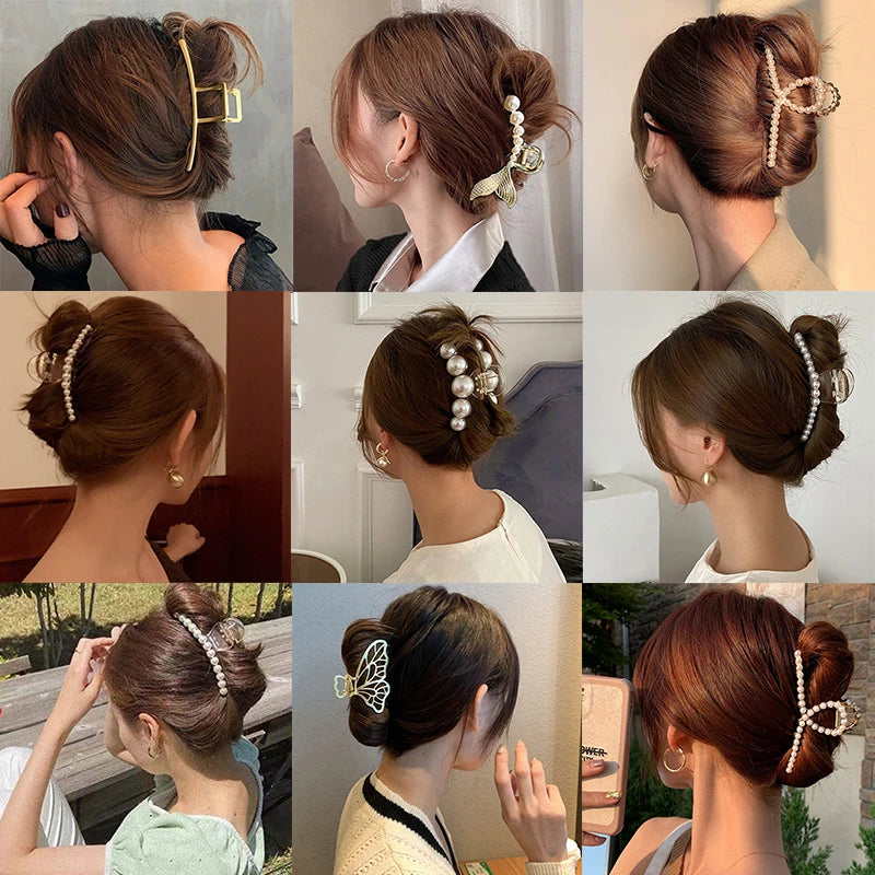 Elegant Imitation Pearl Hairpins Korean Geometric Hair Claws for Women Shark Clip Back Head Hair Clip Barrettes Hair Accessories