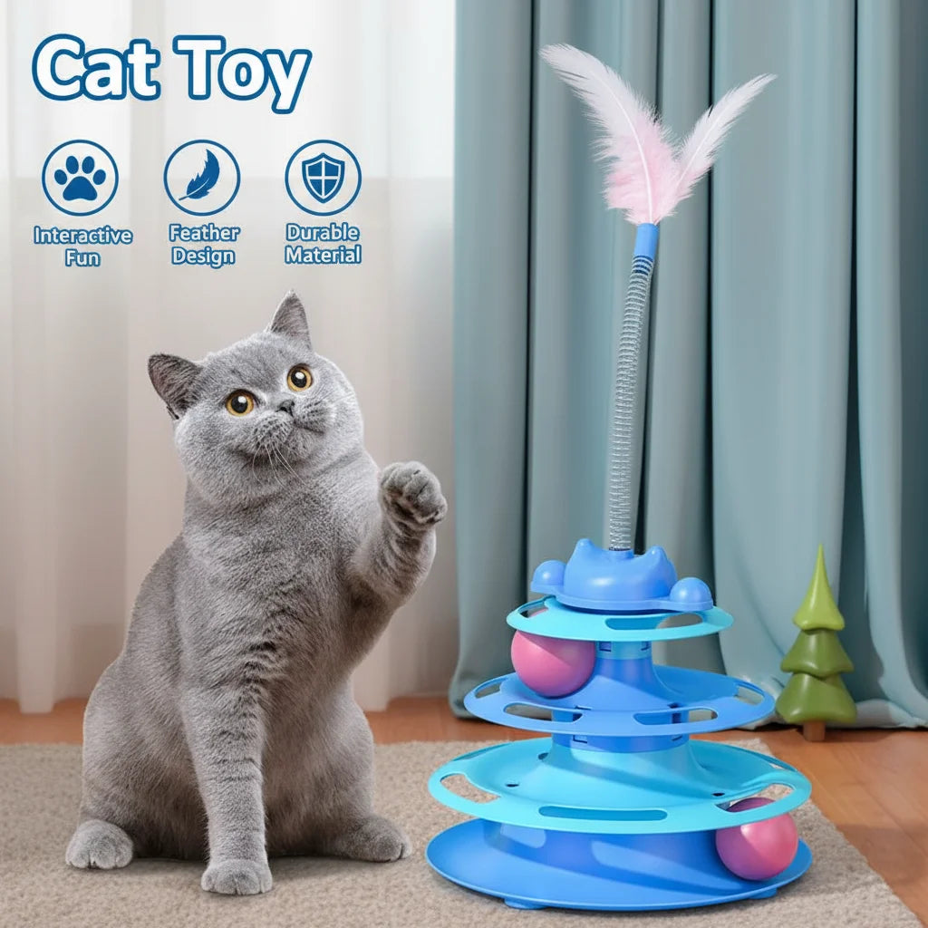 Pattern Feather Cat Toy, Three-layer Rotating Tower with Ball, Indoor Cat Interactive Fun&Christmas, New Year Pet Toys